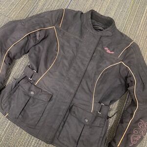 Tourmaster Motive Jacket Womens LG 12-14 Black Pink Good Embroidered Biker Moto